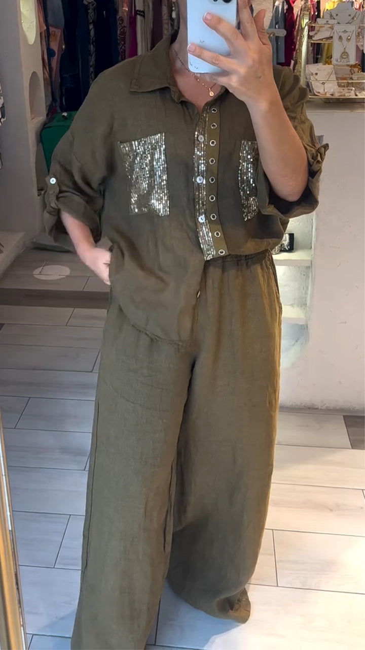 Women Lapel Button-down Sequined Shirt + Pants Casual Suit
