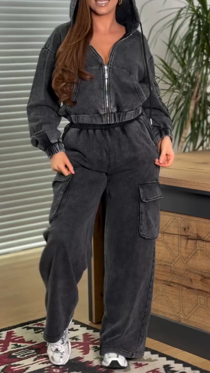 Women Lapel Hooded Patchwork Jacket + Pants Casual Suit