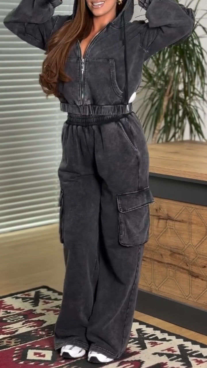 Women Lapel Hooded Patchwork Jacket + Pants Casual Suit