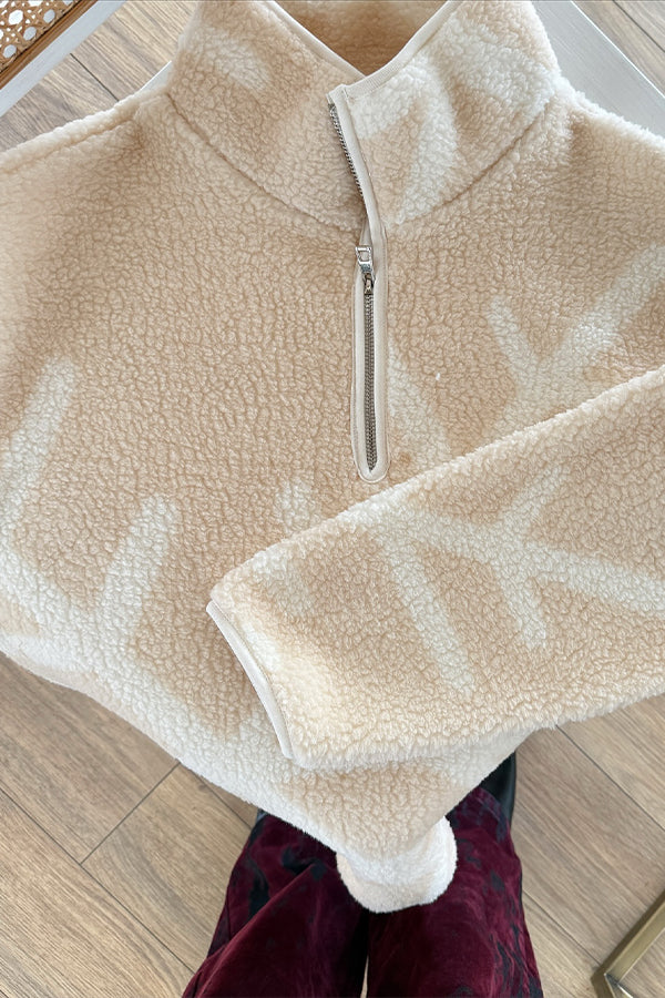 Women Casual Winter Christmas Reindeer Snowflake Pattern Stand Collar Zipper Plush Sweatshirt