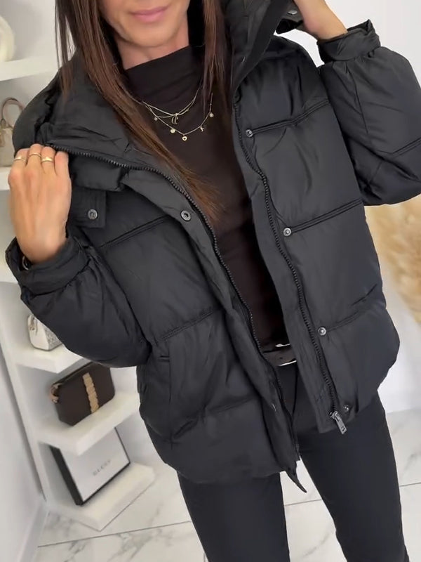 Women Hooded Buttoned Casual Cotton Jacket