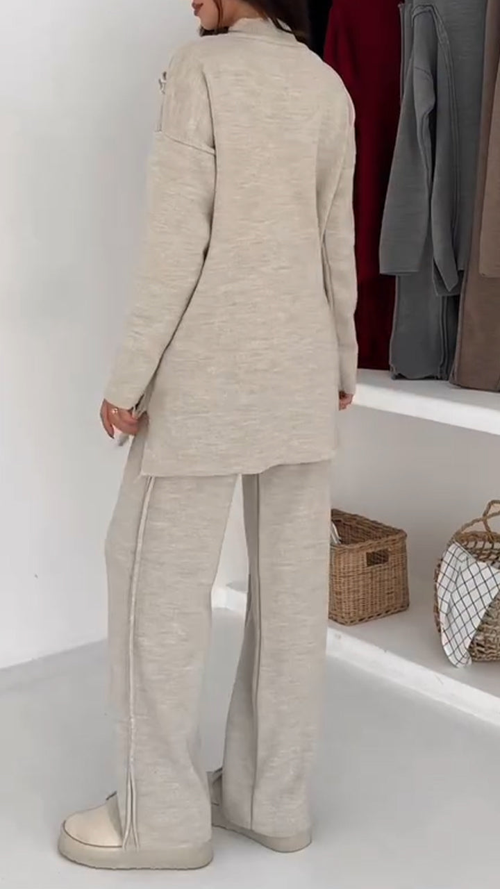 Women Round Neck Splicing Solid Color Casual Suit