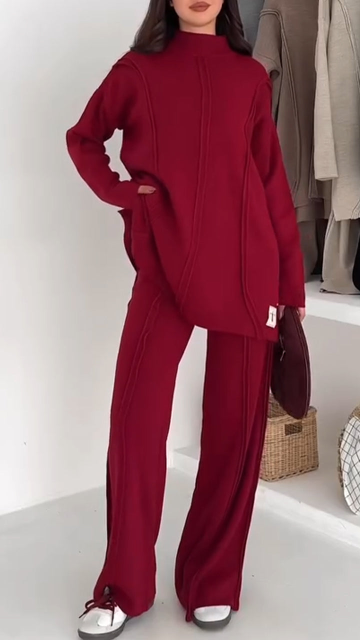 Women Round Neck Splicing Solid Color Casual Suit