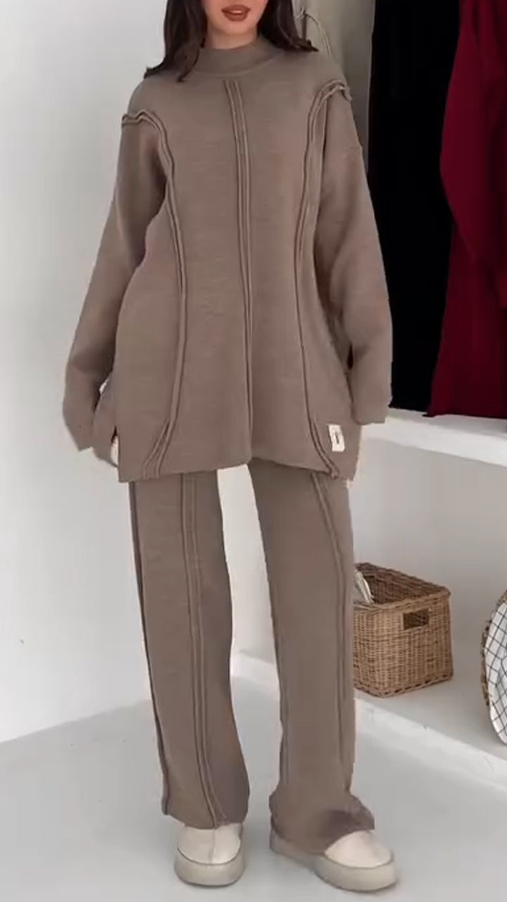 Women Round Neck Splicing Solid Color Casual Suit