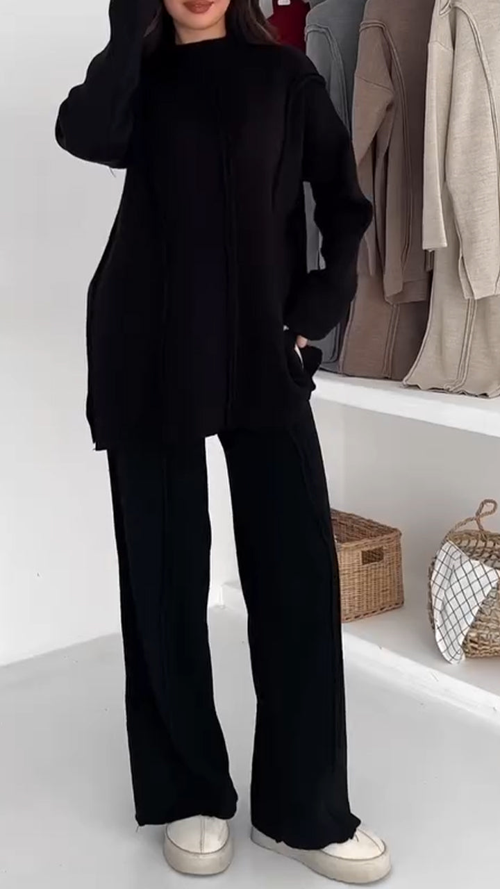 Women Round Neck Splicing Solid Color Casual Suit