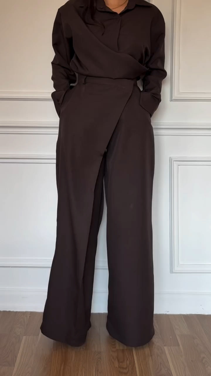 Women Lapel Splicing Shirt + Fake Two-Piece Pants Solid Color Casual Suit