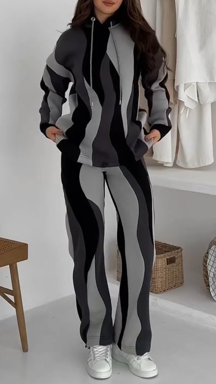 Women Hooded Drawstring Wave Pattern Sweatshirt + Pants Casual Set