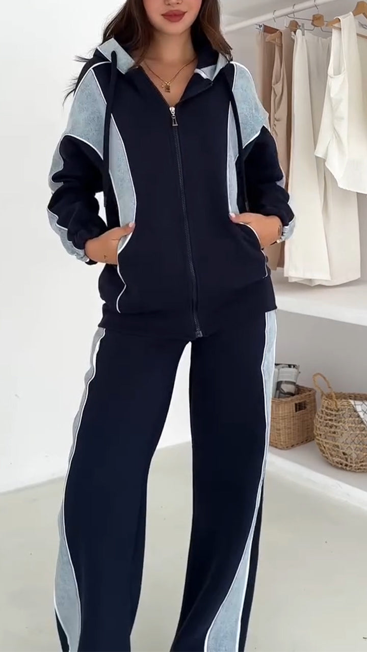 Women Hooded Spliced Jacket + Pants Casual Set