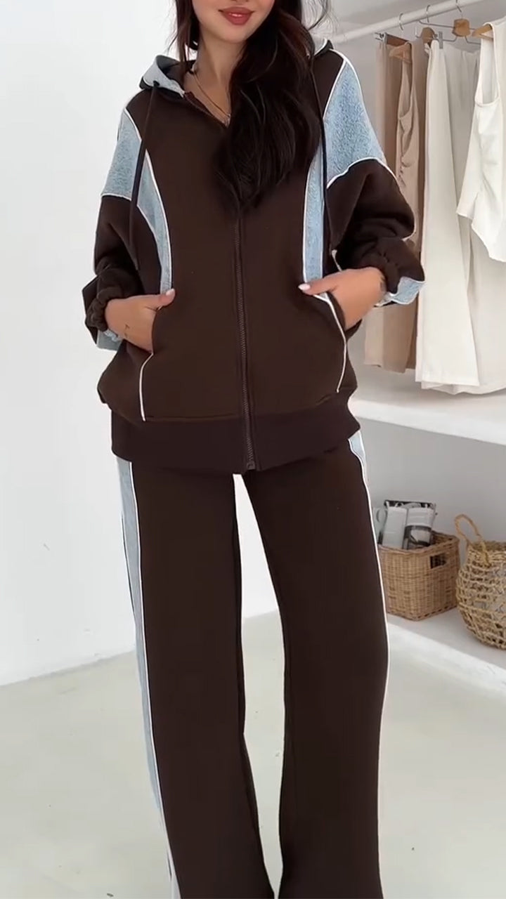 Women Hooded Spliced Jacket + Pants Casual Set