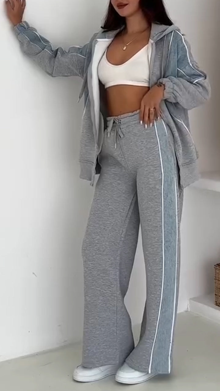 Women Hooded Spliced Jacket + Pants Casual Set