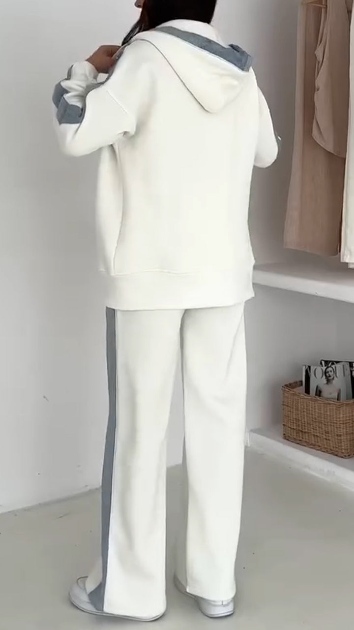Women Hooded Spliced Jacket + Pants Casual Set