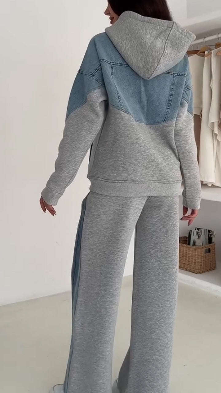 Women Hooded Drawstring Patchwork Denim Casual Suit