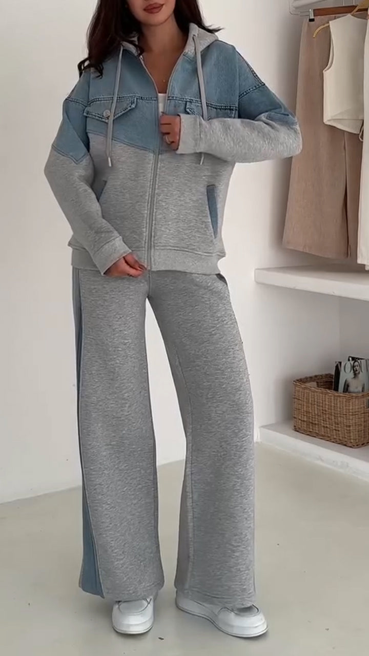 Women Hooded Drawstring Patchwork Denim Casual Suit