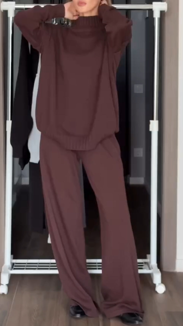 Women High-neck Knitted Sweater + Pants Solid Color Casual Suit
