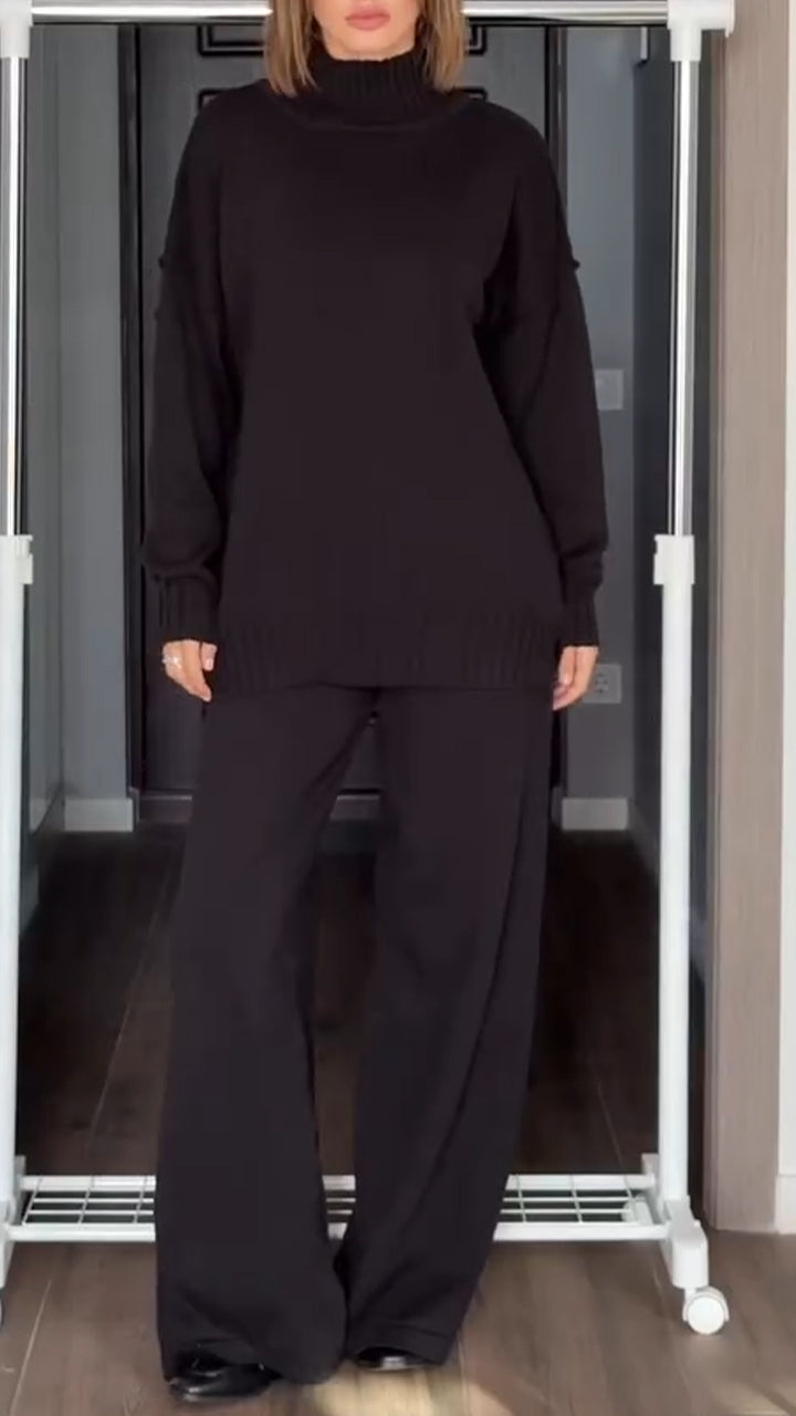 Women High-neck Knitted Sweater + Pants Solid Color Casual Suit