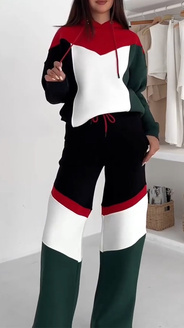 Women Round Neck Hooded Contrasting Color Sweatshirt + Pants Casual Suit