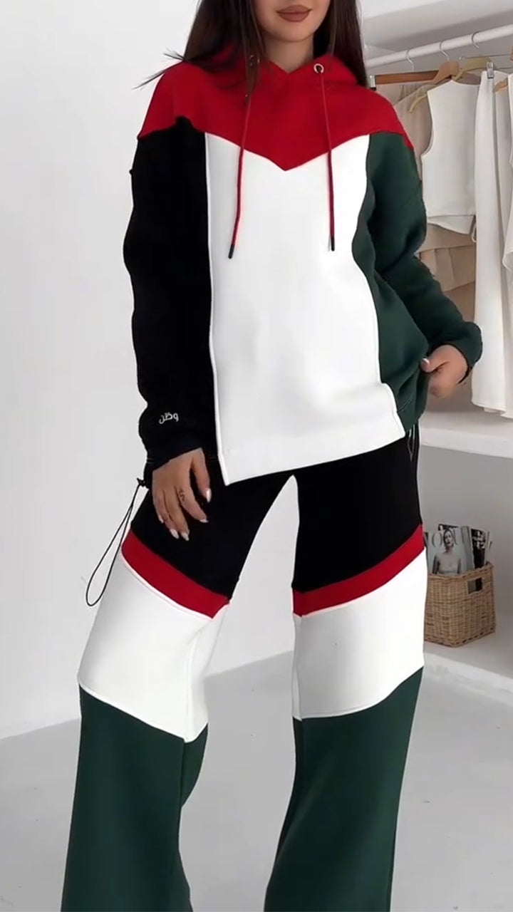 Women Round Neck Hooded Contrasting Color Sweatshirt + Pants Casual Suit