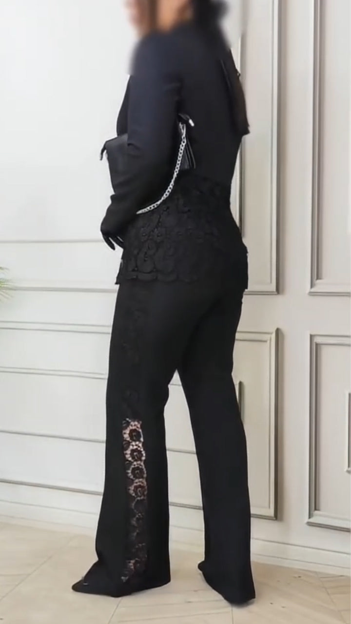 Women Lapel Stitching Printed Jacket + Printed Hollow Pants Temperament Commuter Suit