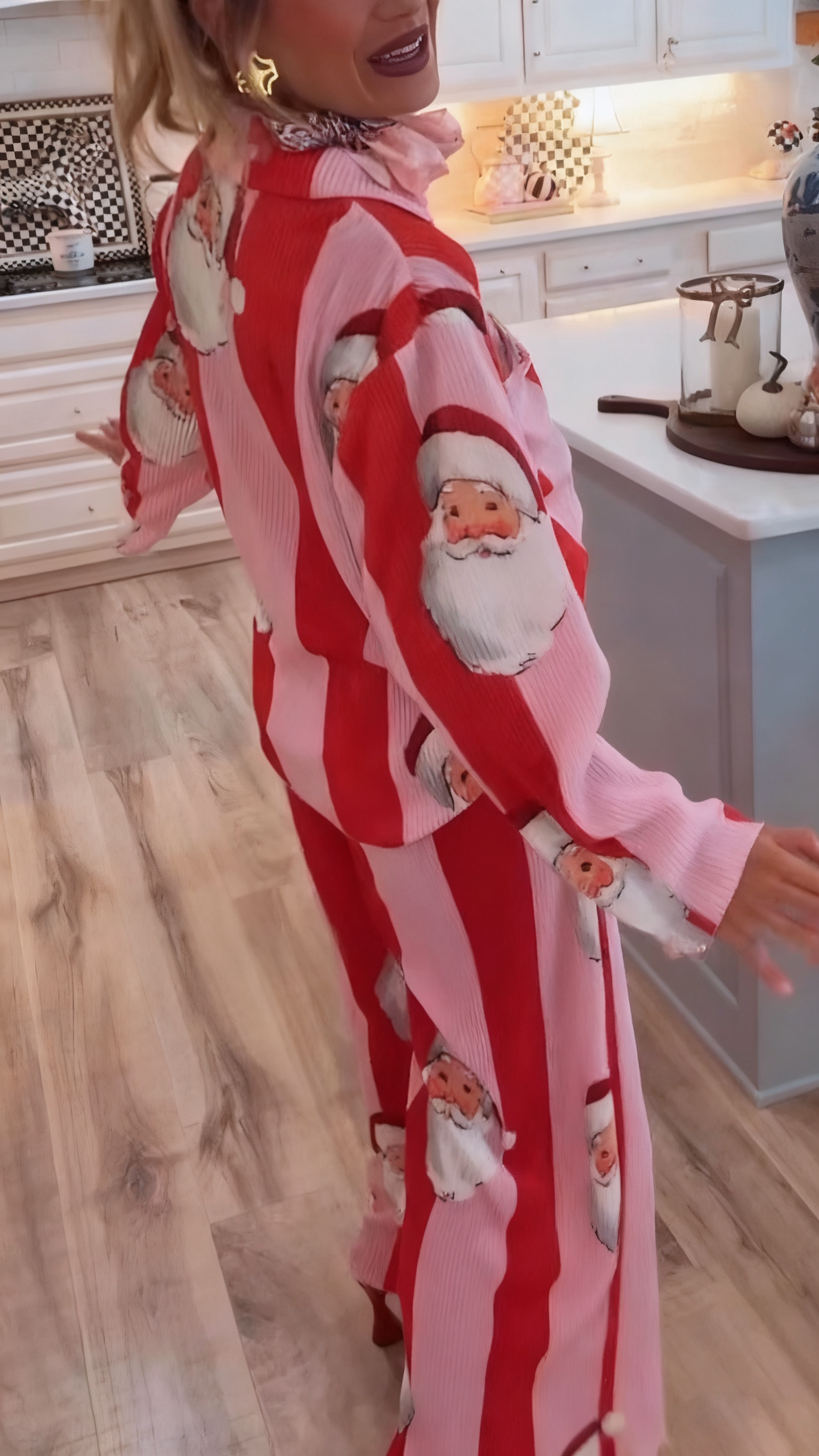 Women Lapel Christmas Element Printed Casual Suit