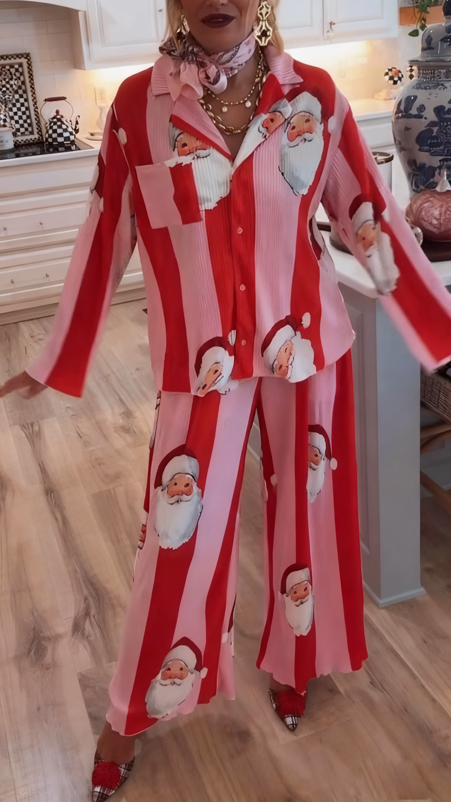 Women Lapel Christmas Element Printed Casual Suit