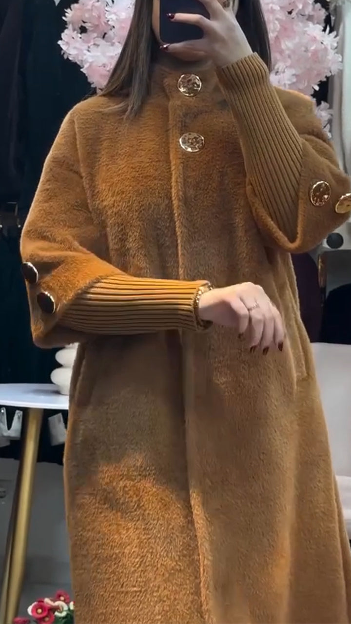 Women Stand-up Collar Stitching Knitted Sleeves Temperament Casual Plush Coat