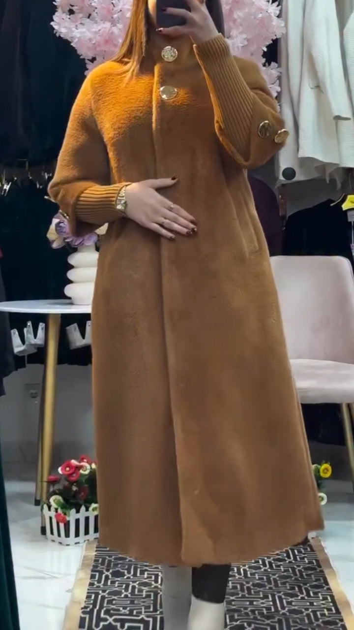 Women Stand-up Collar Stitching Knitted Sleeves Temperament Casual Plush Coat