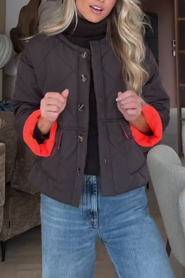Women Casual Crew Neck Contrast Insulated Button Jacket