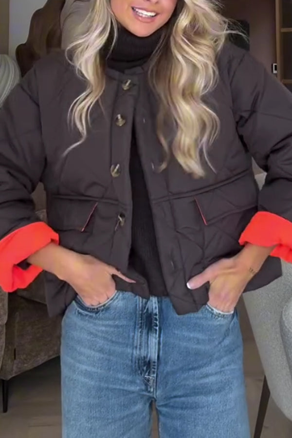 Women Casual Crew Neck Contrast Insulated Button Jacket