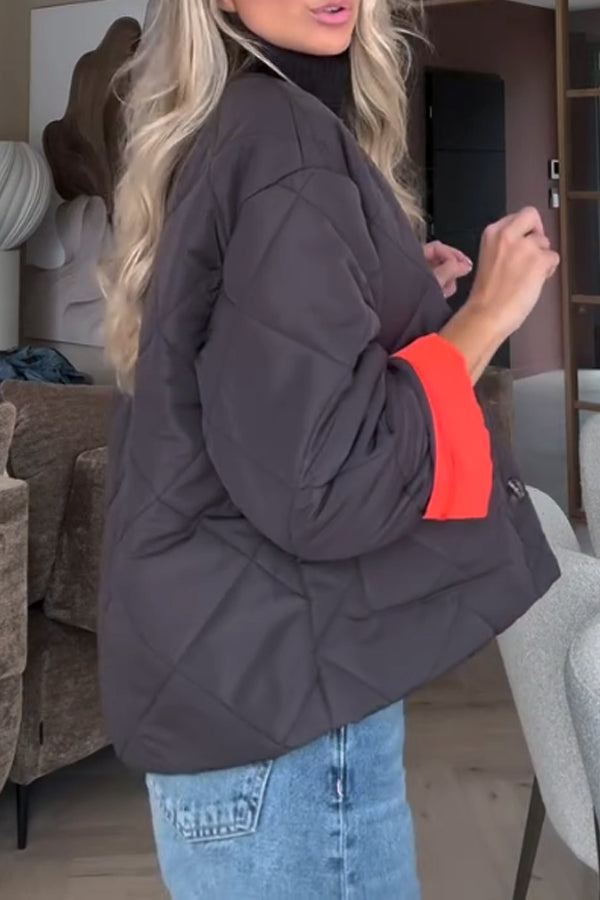 Women Casual Crew Neck Contrast Insulated Button Jacket