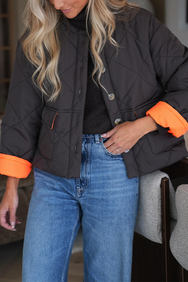 Women Casual Crew Neck Contrast Insulated Button Jacket
