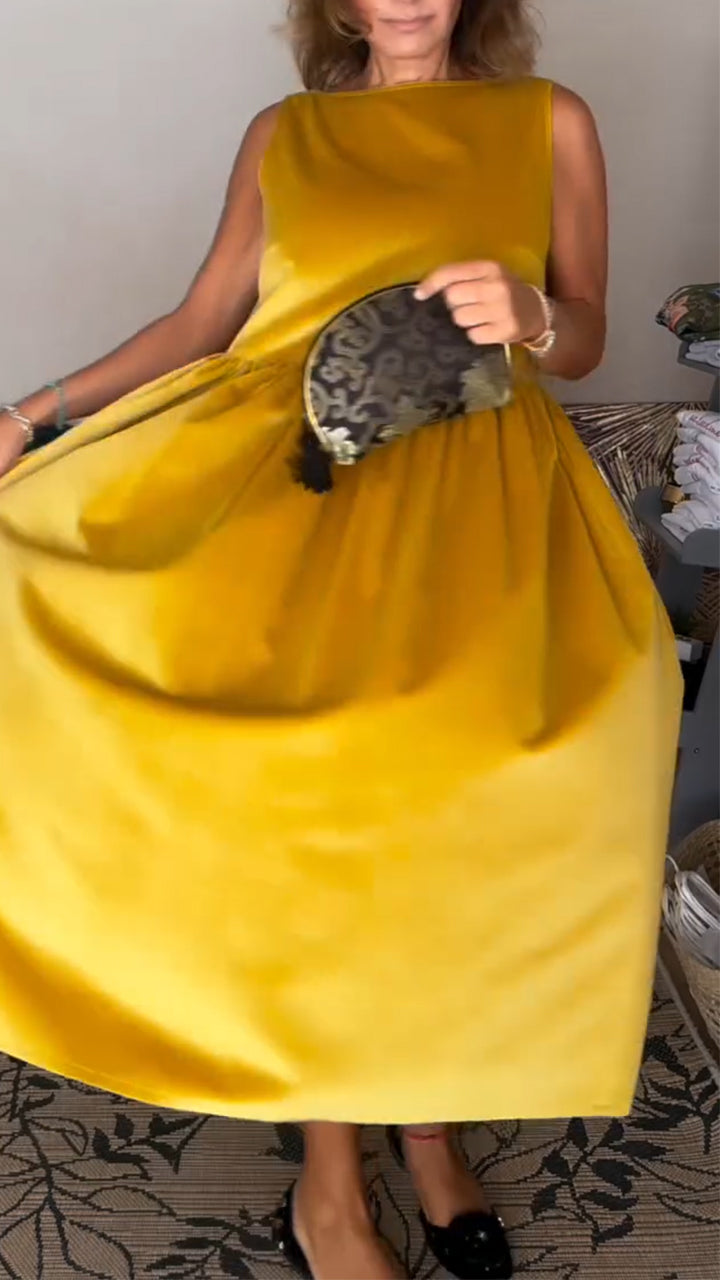 Women Round Neck Solid Color Back Hollow Bow Design Elegant Casual Black Velvet Dress