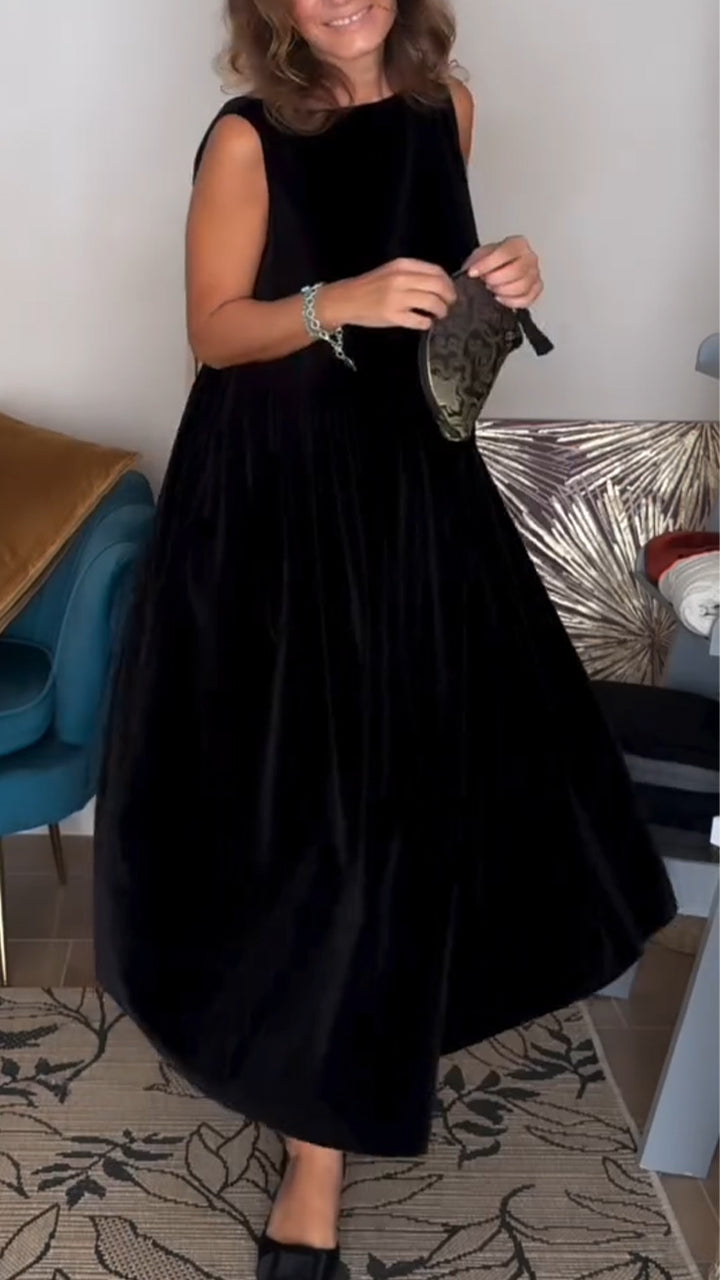 Women Round Neck Solid Color Back Hollow Bow Design Elegant Casual Black Velvet Dress