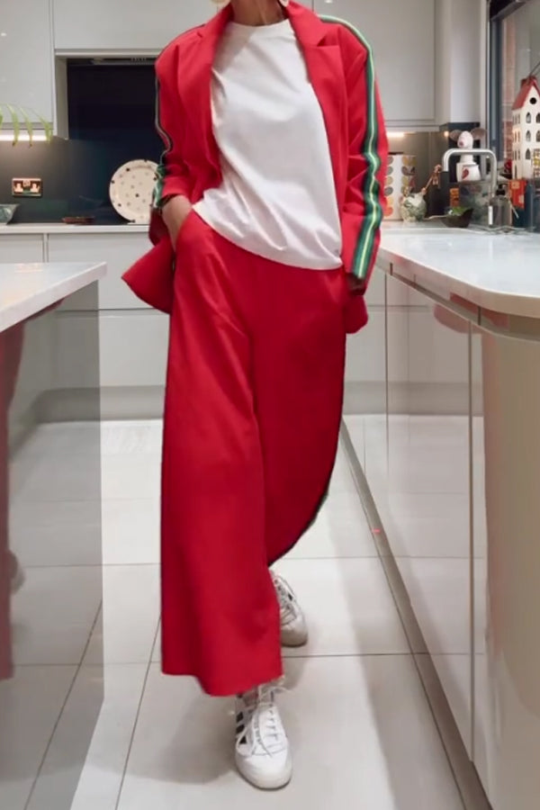 Women Casual Side Contrast Stripe Suit + Pants Suit