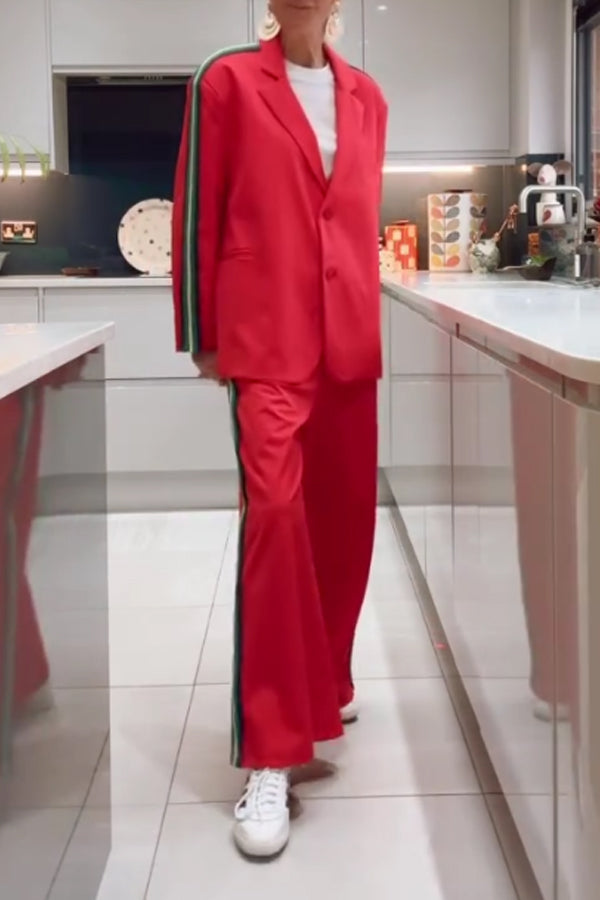 Women Casual Side Contrast Stripe Suit + Pants Suit