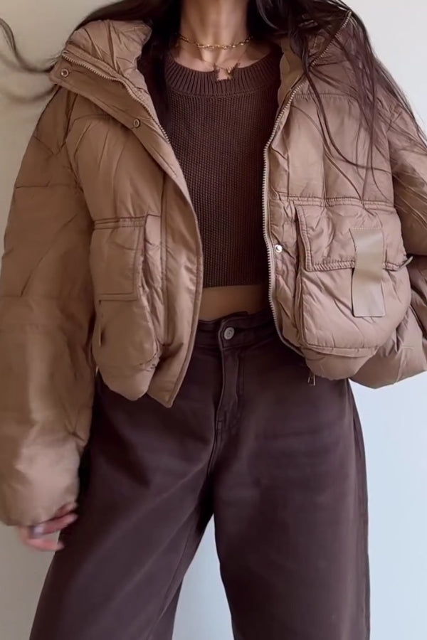 Women Casual Half-Mount Collar Hooded Large Pocket Warm Jacket