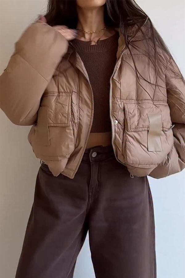 Women Casual Half-Mount Collar Hooded Large Pocket Warm Jacket