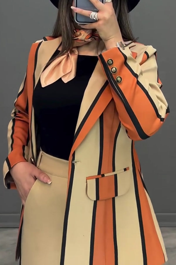 Women Elegant Colorful Striped Blazer + Wide-Leg Pants Suit