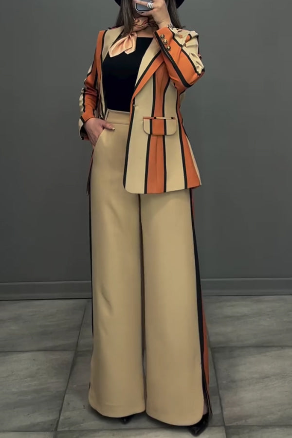Women Elegant Colorful Striped Blazer + Wide-Leg Pants Suit
