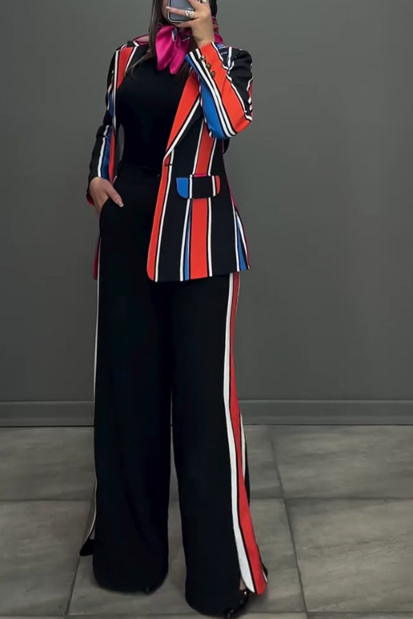Women Elegant Colorful Striped Blazer + Wide-Leg Pants Suit