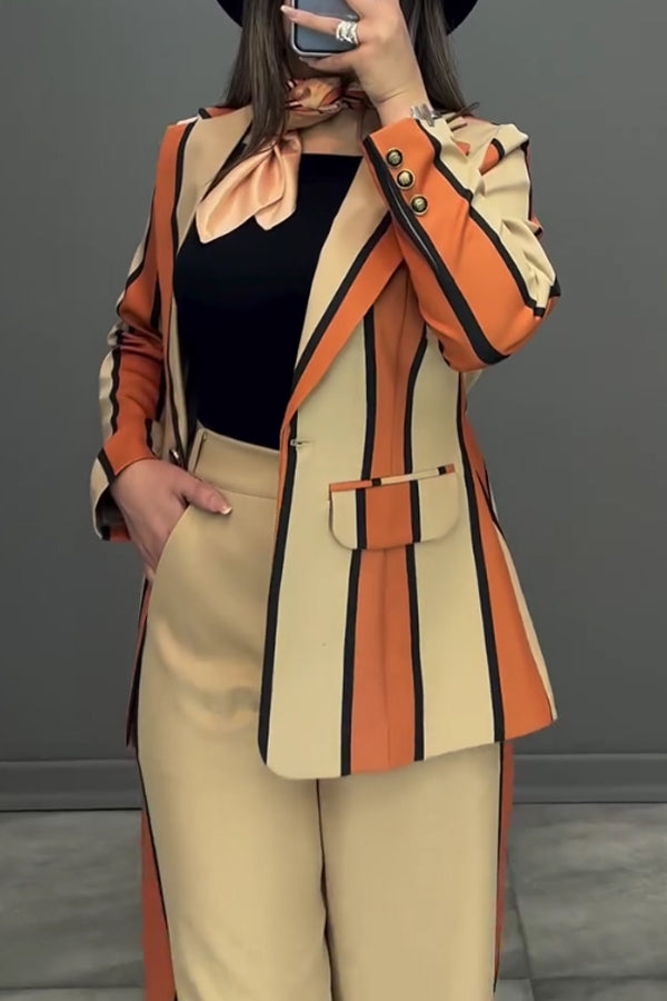 Women Elegant Colorful Striped Blazer + Wide-Leg Pants Suit