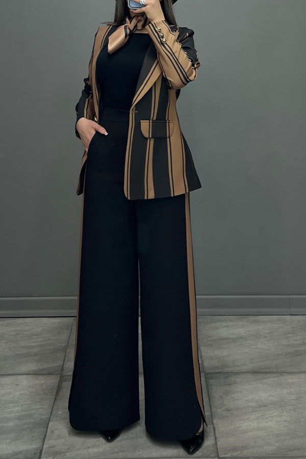 Women Elegant Colorful Striped Blazer + Wide-Leg Pants Suit