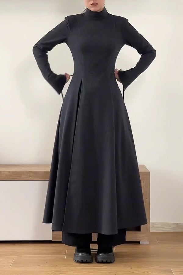 Women Elegant Half-Mount Neck Slit Sleeve Waist Tie High Slit Maxi Dress
