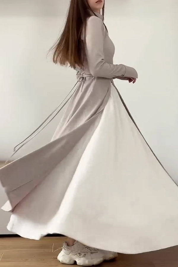 Women Elegant Half-Mount Neck Slit Sleeve Waist Tie High Slit Maxi Dress