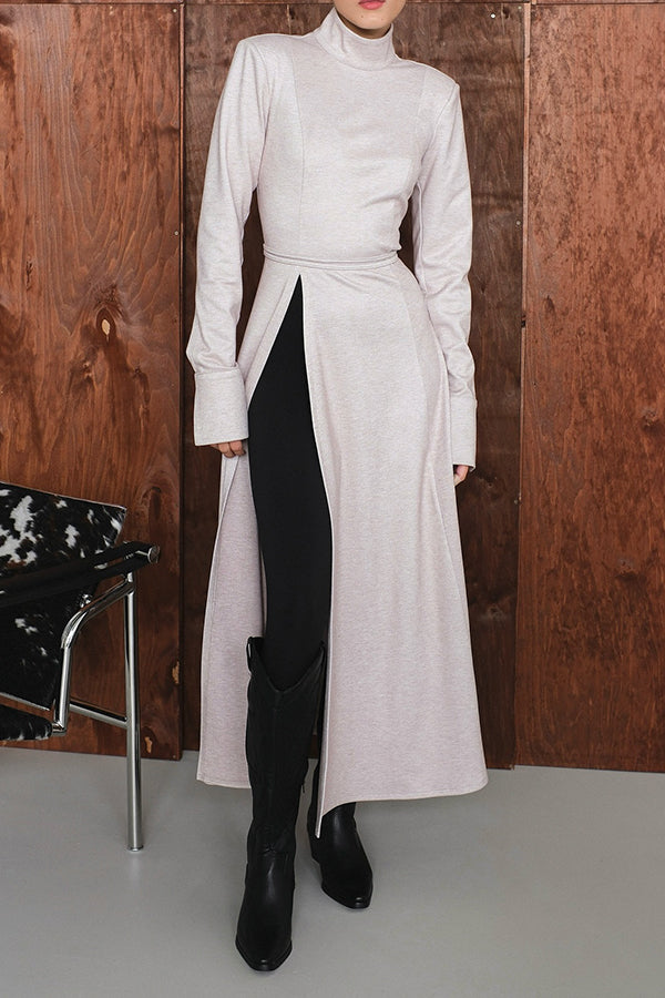 Women Elegant Half-Mount Neck Slit Sleeve Waist Tie High Slit Maxi Dress