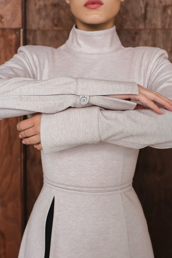 Women Elegant Half-Mount Neck Slit Sleeve Waist Tie High Slit Maxi Dress