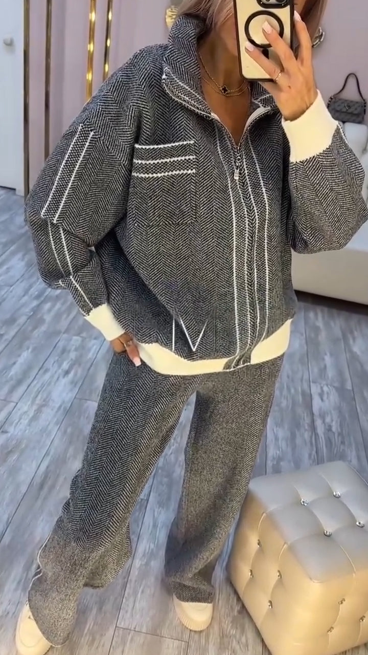 Women Lapel Striped Jacket + Pants Temperament Casual Suit