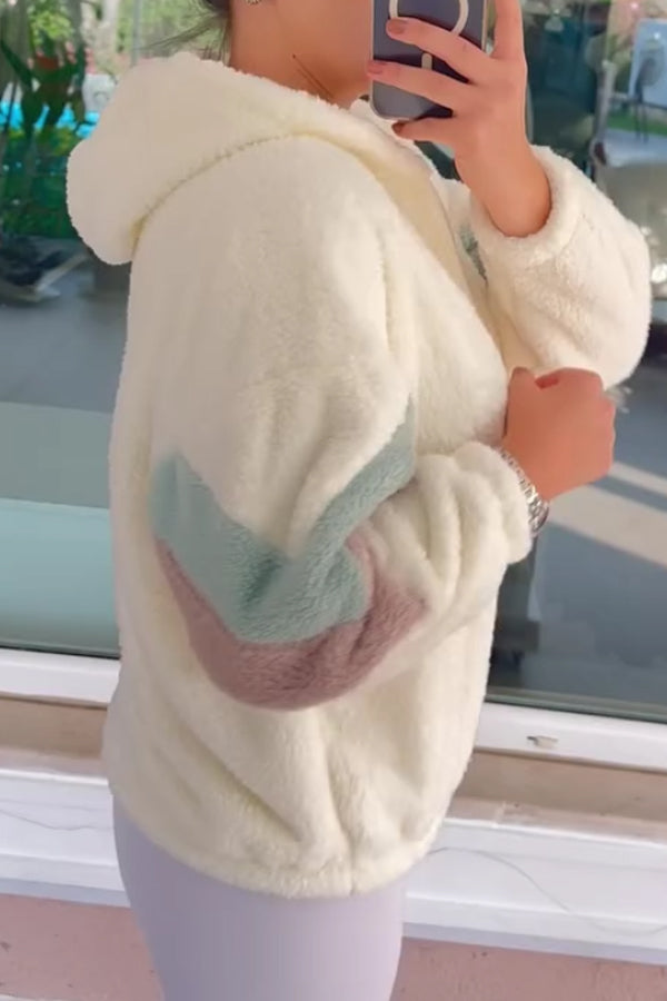 Women Casual Color Stripe Hooded Zipper Grain Plush Warm Jacket