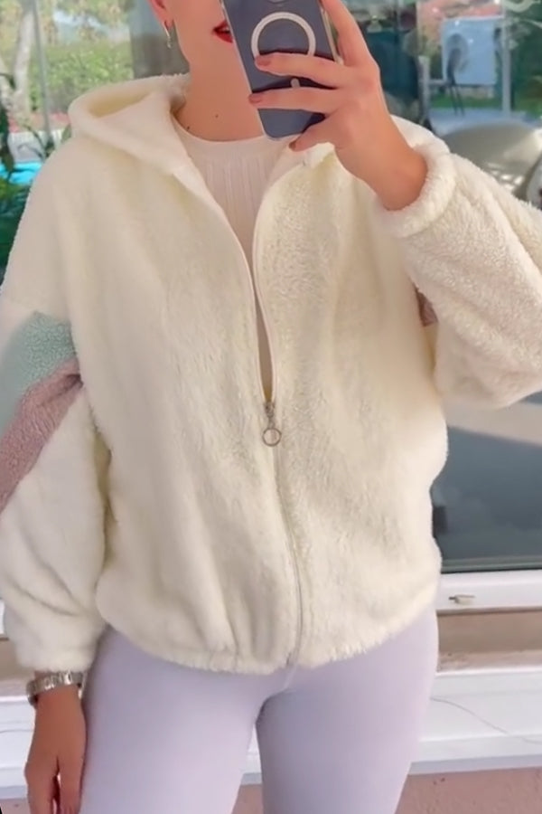 Women Casual Color Stripe Hooded Zipper Grain Plush Warm Jacket