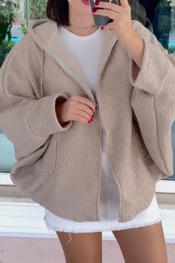 Women Casual Hooded Drawstring Batwing Sleeve Oversized Zip-Up Jacket