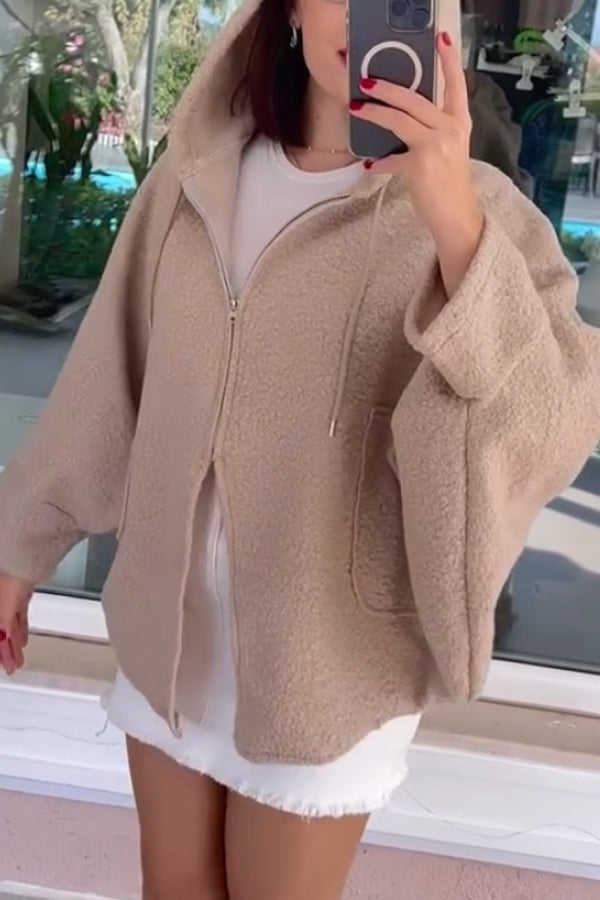 Women Casual Hooded Drawstring Batwing Sleeve Oversized Zip-Up Jacket